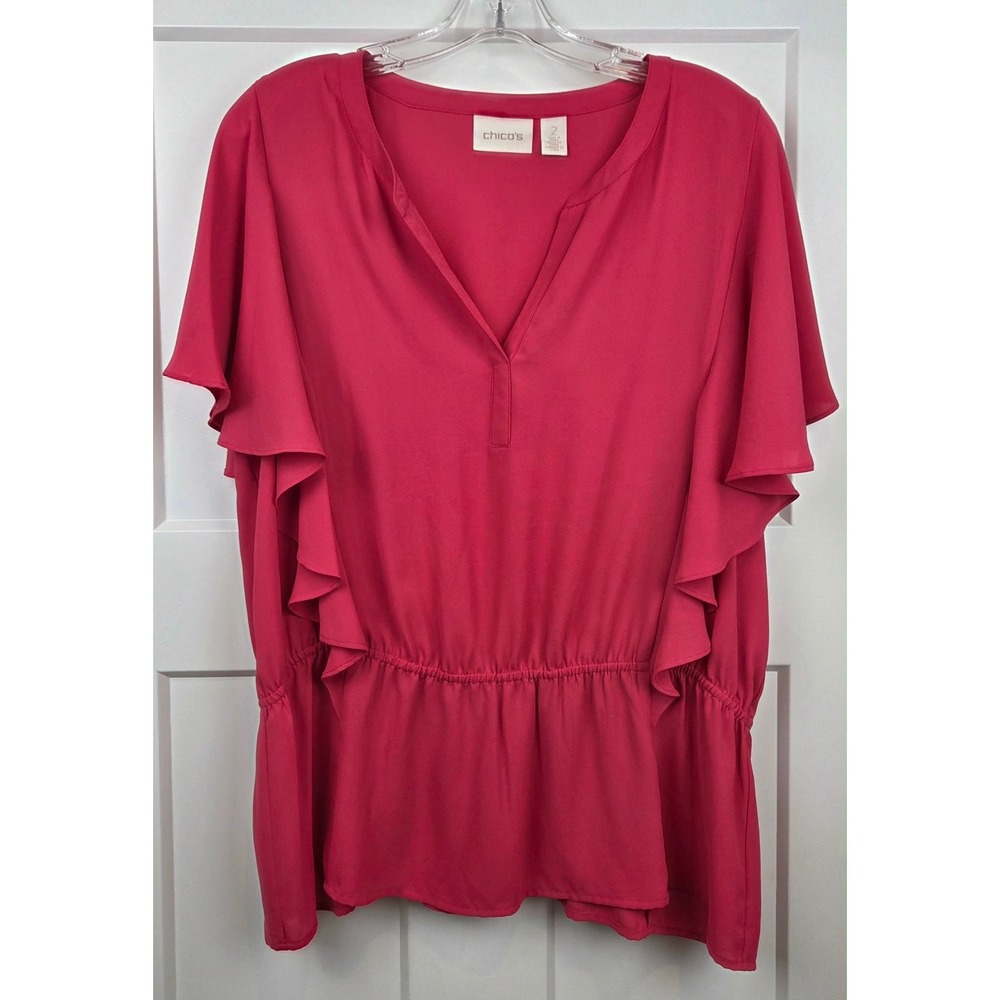 Chicos Womens Hot Pink‎ Flutter Sleeve Top SZ 2 Large Lightweight Flowy Coquette